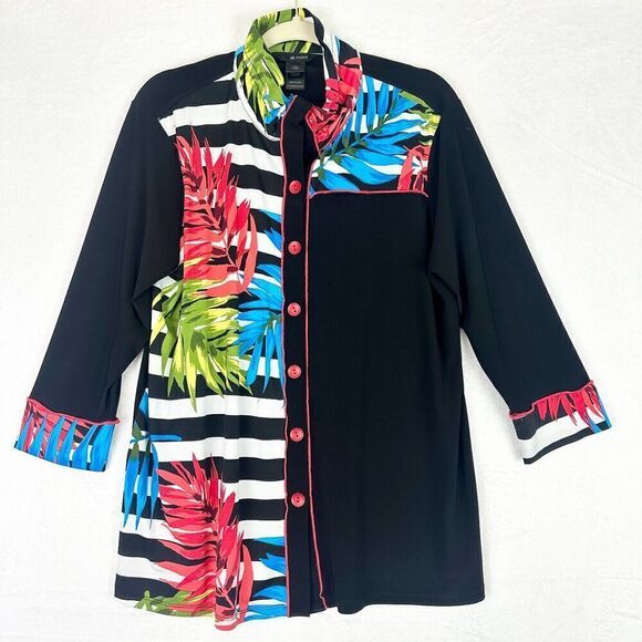 Ali Miles Wire Collar Slinky Button Front Shirt Size Large Tropical 3/4 Sleeve - Picture 1 of 7